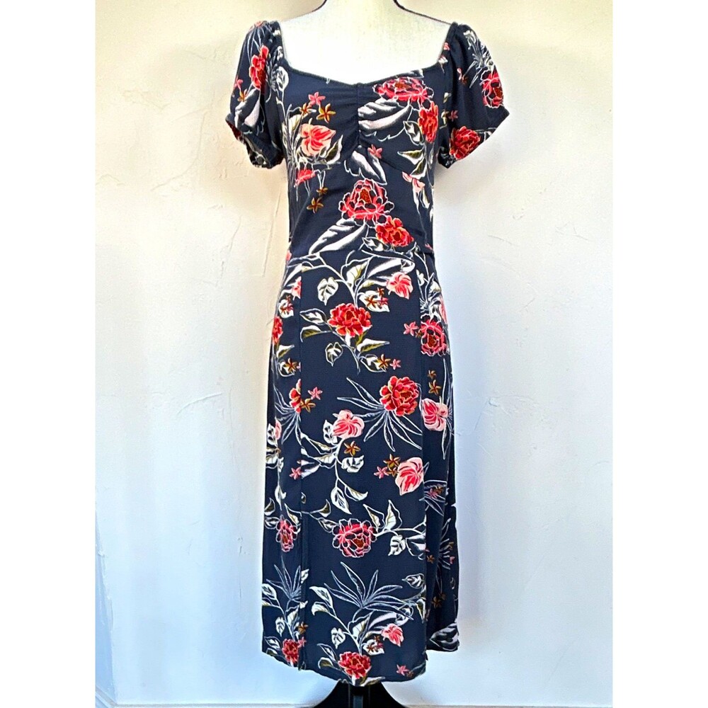 ROXY Floral Midi Sundress Puff Sleeve Smocked Navy Red Pink Womens Size S